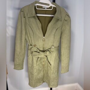 NWOT Olive Belted Trench Coat Dress | Velvet Feel | Zip Front | Size M